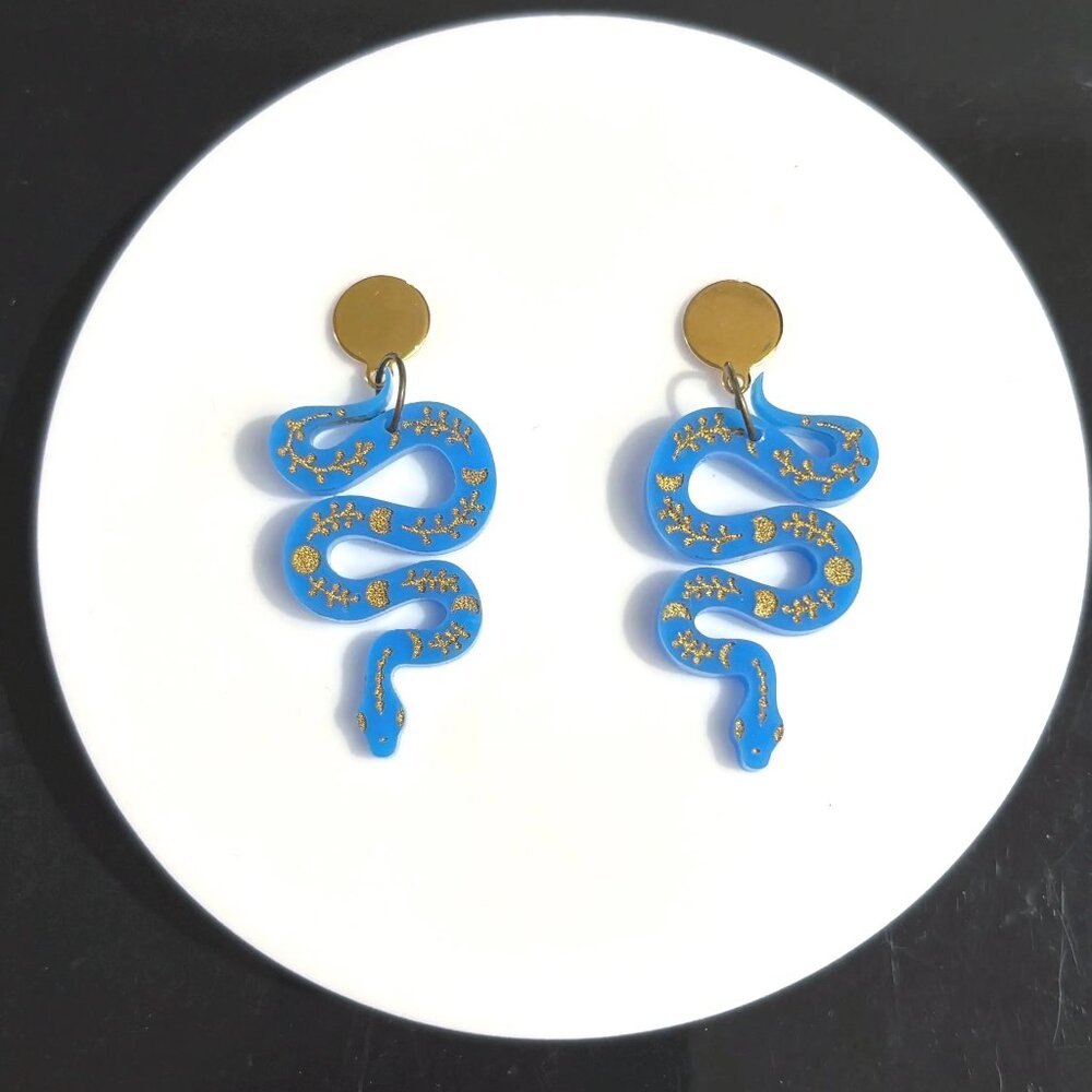 Mystical Blue and Gold Celestial Snake Earrings
